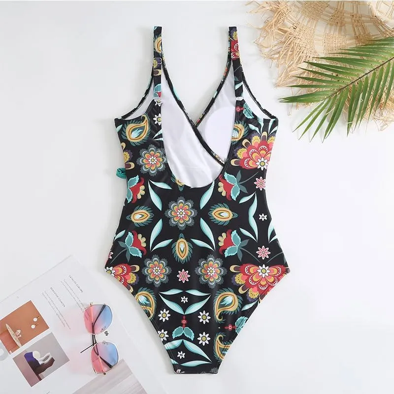 Women's One Piece Swimsuit with Cover up Set Beach Wrap Skirt Retro Floral Print Bathing Suit for Women Tummy Control