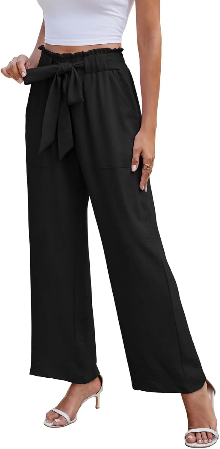 Women's Palazzo Pants Wide Leg High Waisted with Pockets Casual Lightweight Trousers Elastic Waist Summer Beach