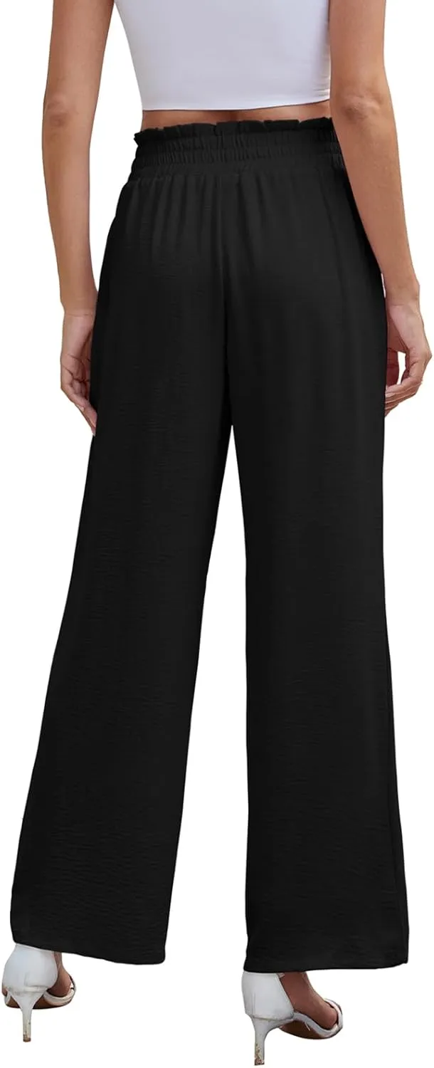 Women's Palazzo Pants Wide Leg High Waisted with Pockets Casual Lightweight Trousers Elastic Waist Summer Beach