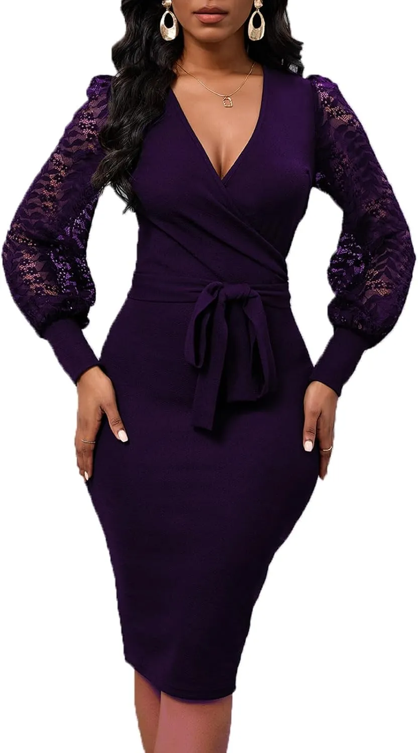 Womens Sexy Wrap V Neck Lantern Lace Long Sleeve Bodycon Midi Dress Semi Formal Cocktail Party Dresses