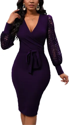 Womens Sexy Wrap V Neck Lantern Lace Long Sleeve Bodycon Midi Dress Semi Formal Cocktail Party Dresses