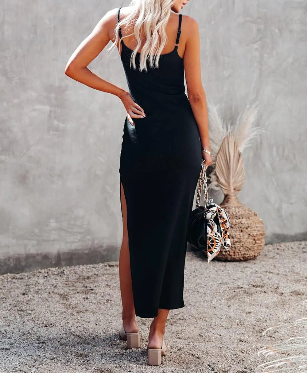 Women's Summer Sleeveless Bodycon Maxi Dress Spaghetti Strap Split Slit Ribbed Knit Long Midi Dresses Nightgown