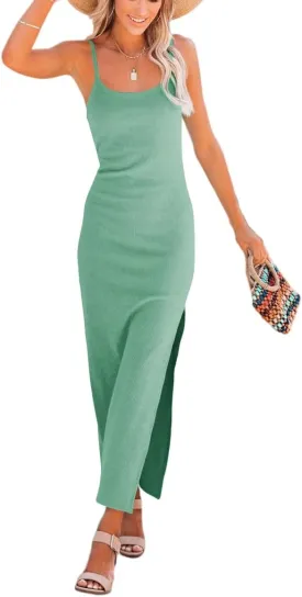 Women's Summer Sleeveless Bodycon Maxi Dress Spaghetti Strap Split Slit Ribbed Knit Long Midi Dresses Nightgown