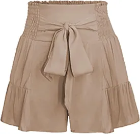 Women's Wide Leg Shorts Lightweight Frill High Waisted Adjustable Wide Tie Knot Loose Summer Cute Short Trousers