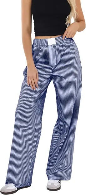 Womens Y2K Striped Lounge Pants Low Rise Elastic Waist Pajamas Pants Casual Loose Wide Leg Trousers With Pockets