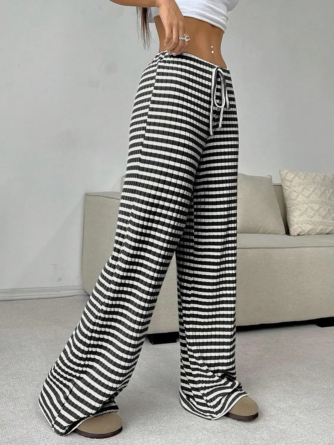 Wowcarbazole Women's Wide Leg Pants Striped Elastic High Waisted Casual Knit Palazzo Pants Drawstring Lounge Pajama Trousers