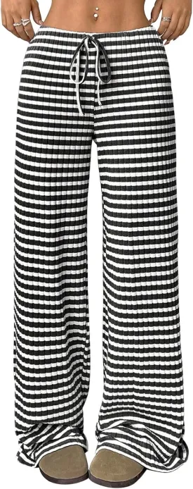 Wowcarbazole Women's Wide Leg Pants Striped Elastic High Waisted Casual Knit Palazzo Pants Drawstring Lounge Pajama Trousers