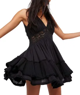 xxxiticat Women's Floral Print Beach Sundress Sleeveless Halter Spaghetti Straps Backless Lace Mini Swing Skater Dresses
