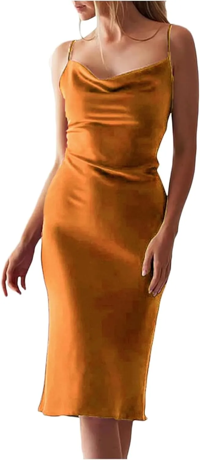 xxxiticat Women's Sleeveless Spaghetti Strap Satin Dress Cocktail Beach Evening Party Cowl Neck Dot Leopard Midi Dresses