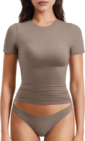 YEOREO Women Fitted Workout Tops Short Sleeve Double Lined Basic Y2K Going Out Crew Neck Compression Crop Top